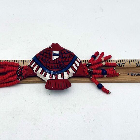 Vintage Large Carved Wood Fish Pendant Necklace 4 Strand Beaded Red White & Blue - Picture 4 of 6
